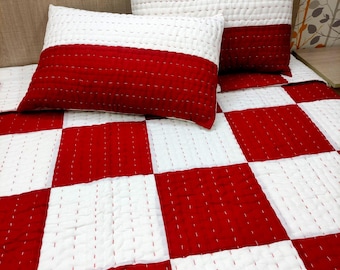 Red & White Kantha Quilt Bedding Set, Handmade Cotton Blanket, Patchwork Cotton Bedspread, Pillow Shams.