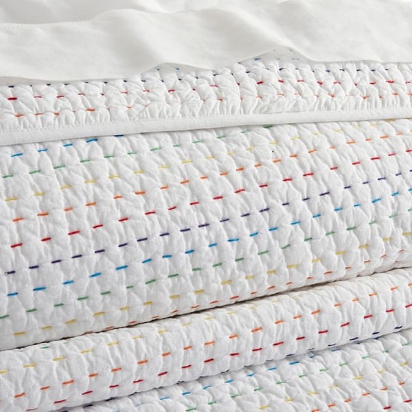White Kantha Quilt With Multi Thread Hand-Stitching, Handmade Cotton Blanket, Lightweight Boho Bedding Throw.