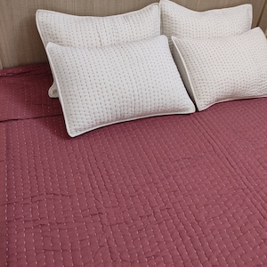 Rose Pink Kantha Quilt Queen Size, Handmade Cotton Bedspread with White Stitch, Reversible Indian Boho Throw Blanket Bedding, Cotton Blanket
