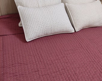 Rose Pink Kantha Quilt Queen Size, Handmade Cotton Bedspread with White Stitch, Reversible Indian Boho Throw Blanket Bedding, Cotton Blanket