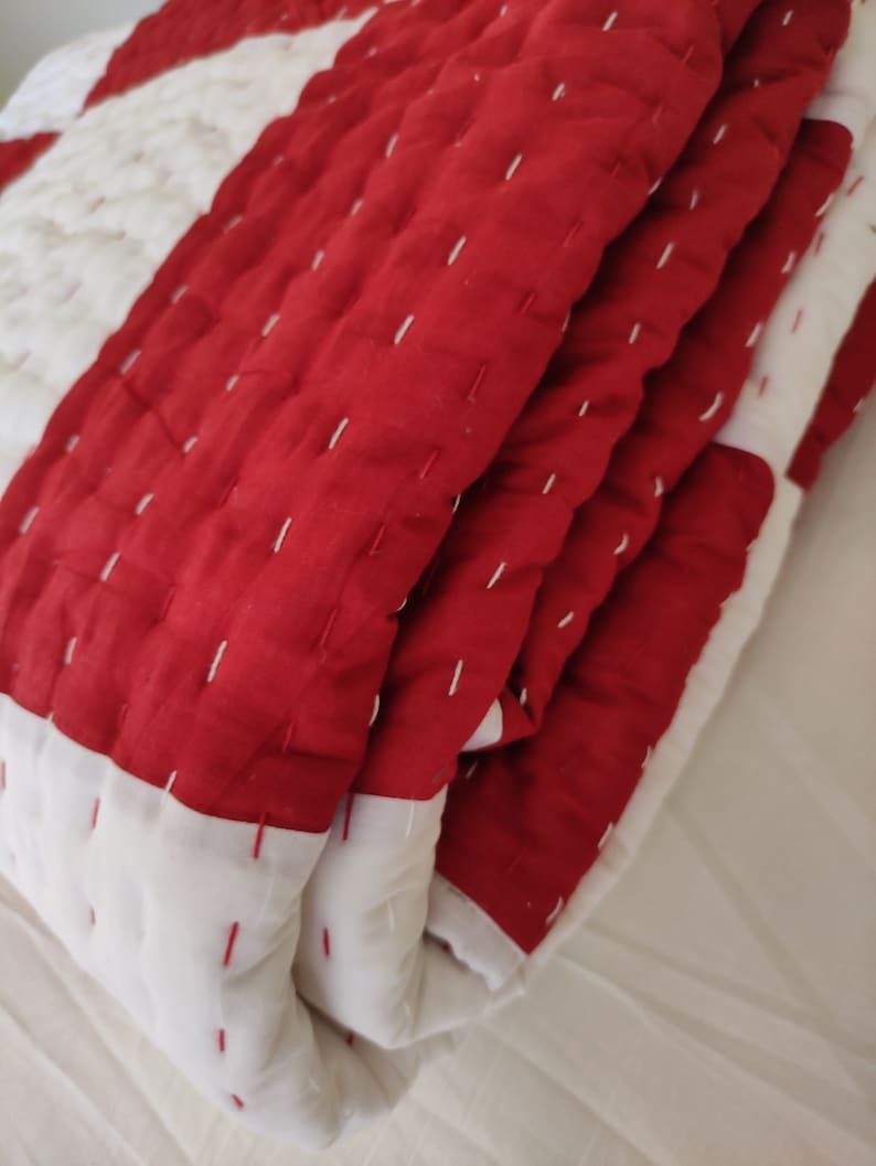 Love Special Handmade Quilt, Red & White Pure Cotton Kantha Quilt
