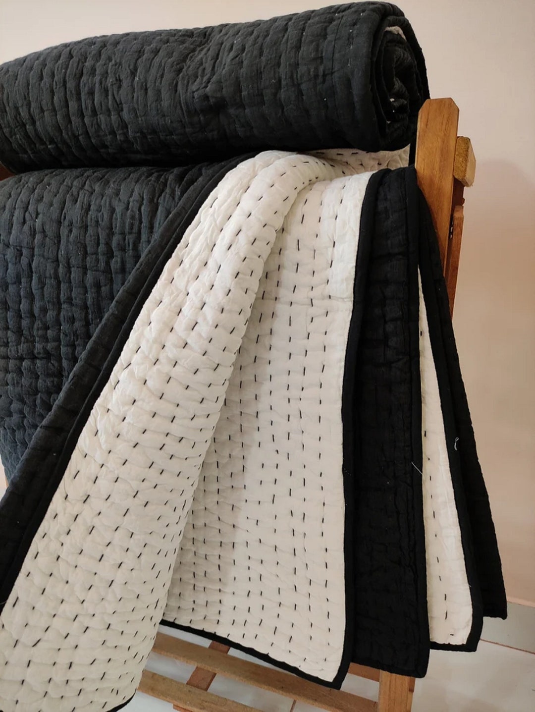 Solid Black Cotton Kantha Quilt Throw Bedspread Handmade Bedding ...