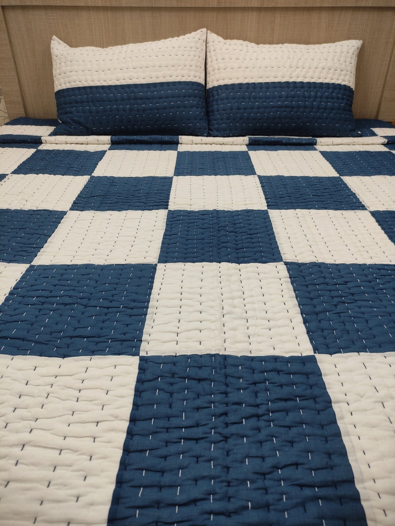 Solid Blue & White Quilt Bedding Set, One Quilt With 2 Pillow Case