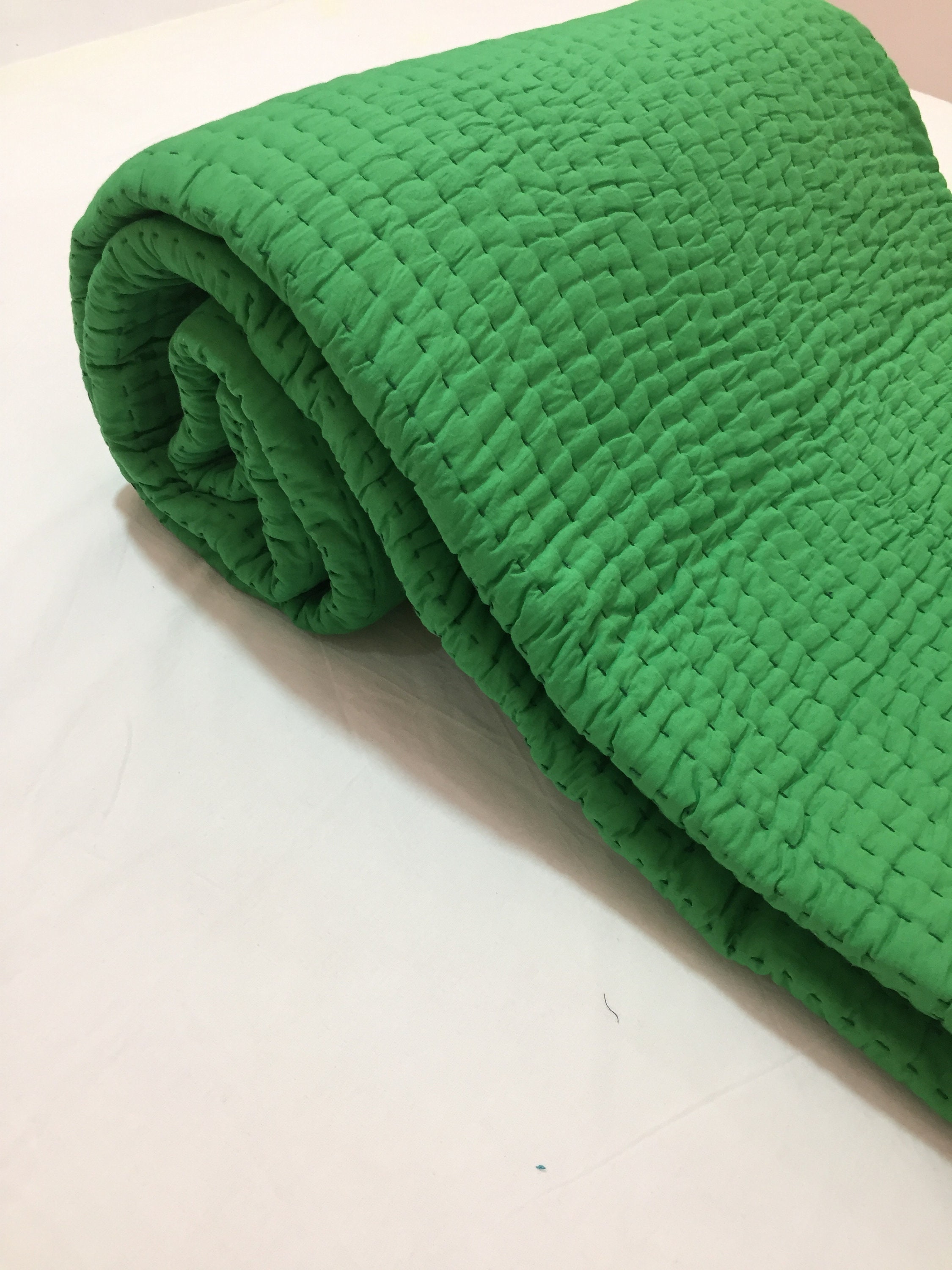 Solid Quilt Kantha Quilt Reversible Kantha Throw Green White Etsy