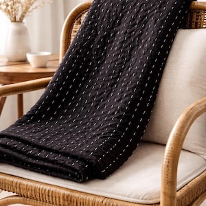 Black Handmade Kantha Quilt, White-Thread Cotton Blanket, Boho Bedding Throw, Minimal King Size Quilt.