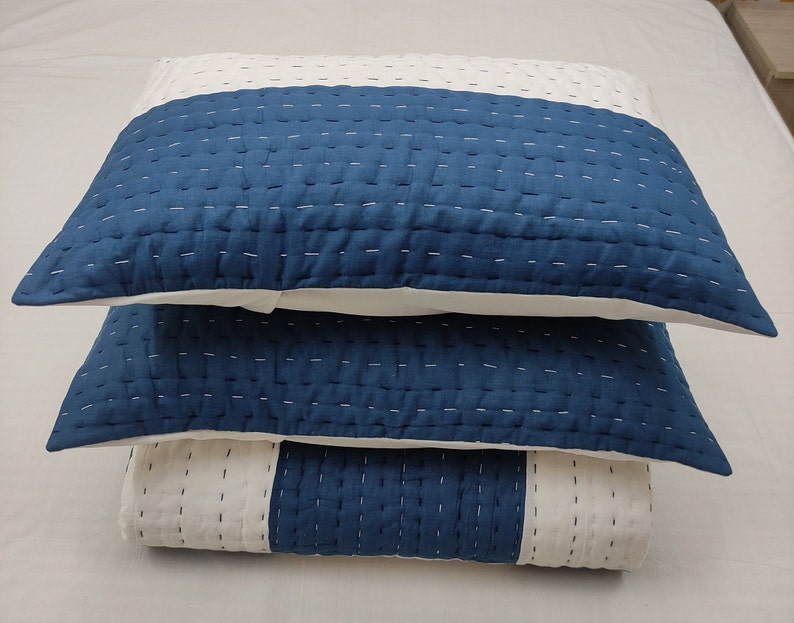 Solid Blue & White Quilt Bedding Set, One Quilt With 2 Pillow Case