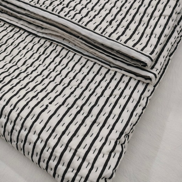 Black Stripe Kantha Quilt, Block Print Stripe Quilt, Handmade Quilt, AC Blanket, Kantha Quilt, White Reversible,Hand Stitched Quilt ART#077