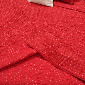 Both Side Red Kantha Quilt, Hand-Stitched Cotton Blanket, Boho Bedding Throw, Bedroom Decor Bedspread