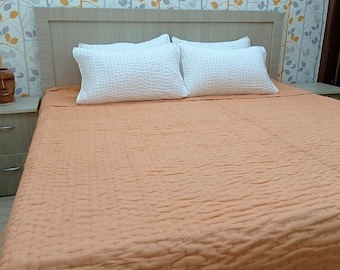 New Light Orange Cotton Quilt, Handmade Both Side Same Color in Same Thread Bedding, Hand Stitched Kantha Soft Blanket, Home Decor ART#034