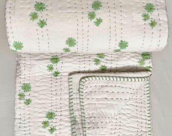 Hand-Block Print Kantha Quilt, Green-Floral Handmade Cotton Blanket, King Size Quilt, Boho Bedspread Throw.