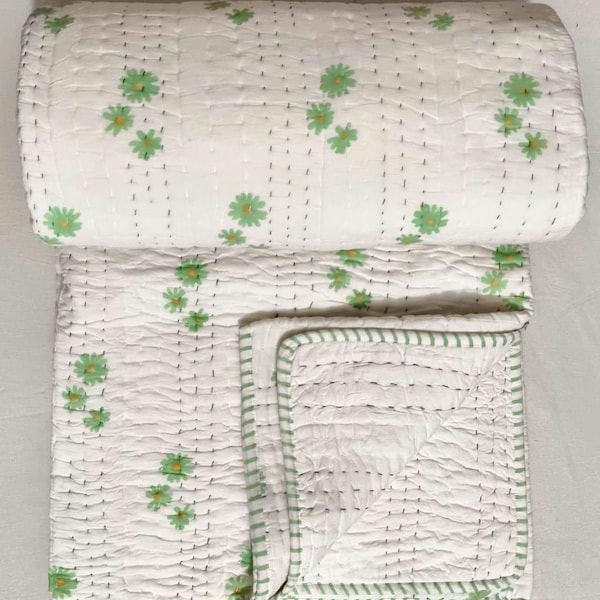 Hand-Block Print Kantha Quilt, Green-Floral Handmade Cotton Blanket, King Size Quilt, Boho Bedspread Throw.