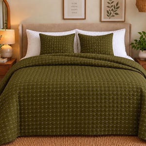 Olive Green Handmade Kantha Quilt, White Thread Cotton Bedspread, Hand Stitched Queen Size Blanket.