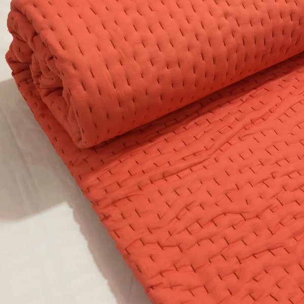 Solid Both Side Orange Kantha Quilt, Indian Cotton Kantha Quilt, Handmade Bedcover, Hand Stitched Kantha Throw/ Blanket, Home Decor ART#052