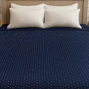 May include: A navy blue bedspread with white stitching and two matching white pillowcases with similar stitching. The bed is made up with a wooden headboard and a patterned wallpaper background.