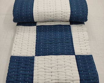 Blue & White Patchwork Kantha Quilt: Handmade Cotton Blanket, New Blue and White Blocks Quilt, Patchwork Quilt, Cotton Quilt, Handmade Quilt
