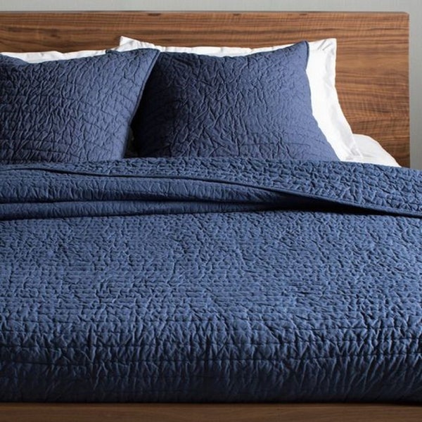 Couette faite main bleu indigo unie, couette kantha pur coton, couvre-lit teint à la main naturel, couvre-lit kantha bohème, couverture kantha ART #05