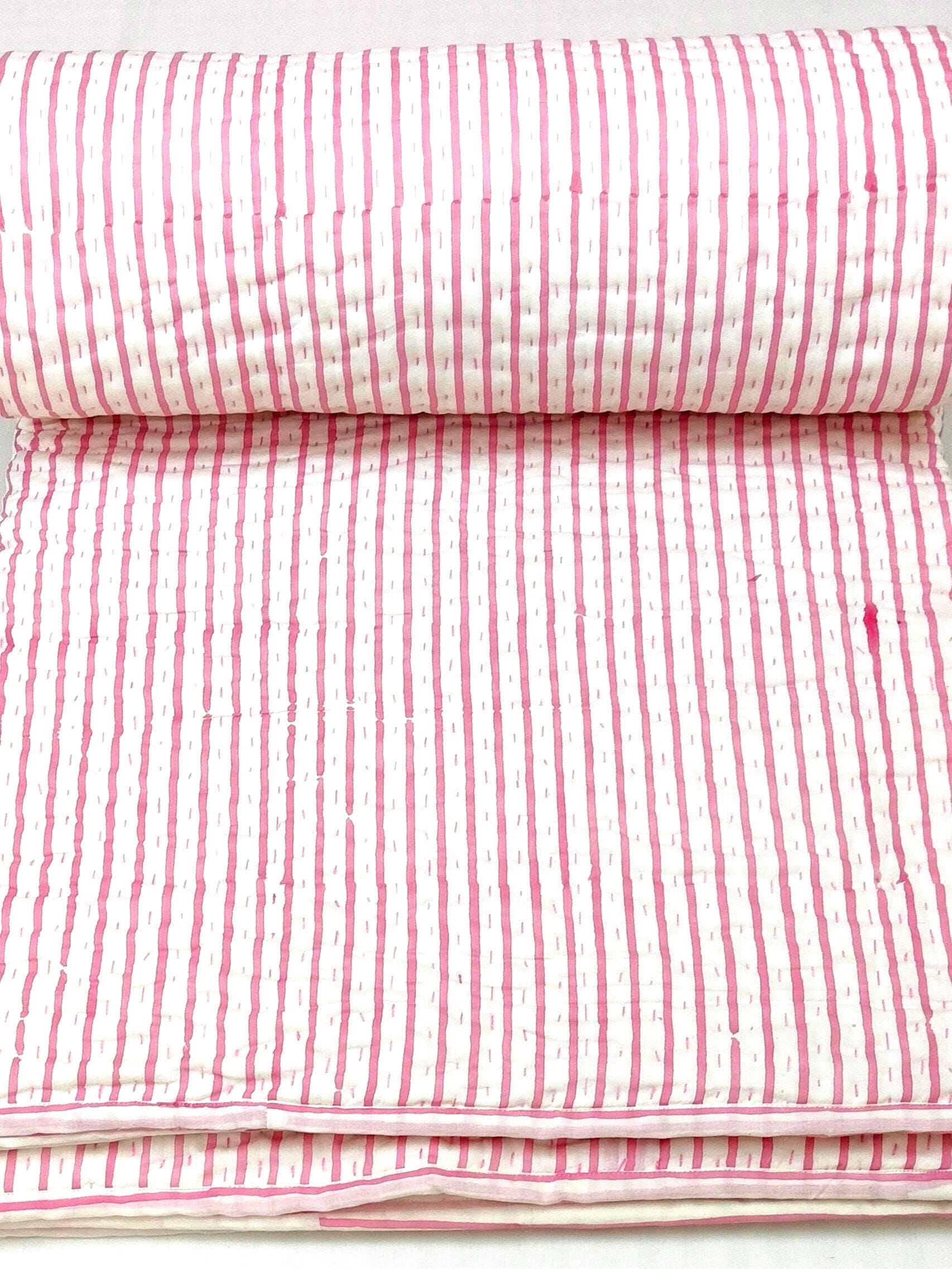 Light Pink Stripe Kantha Quilt, Handmade Reversible Cotton Throw Blanket, Indian Block Print Bedspread, Boho Lightweight Bedding, Pink Throw