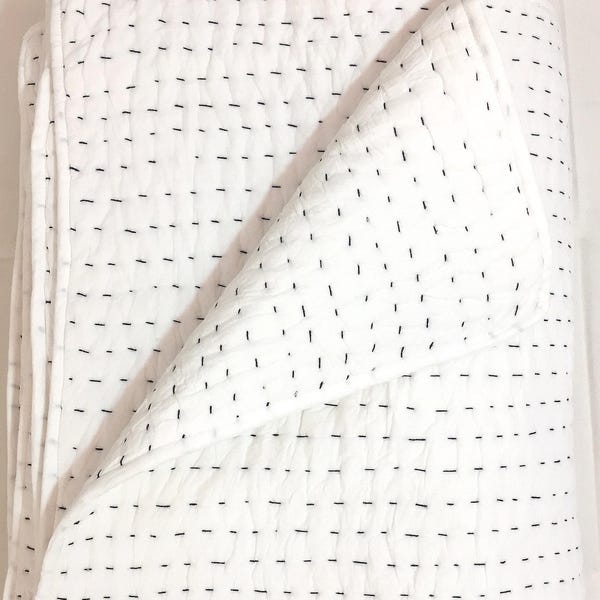 Handmade White Kantha Quilt with Black Thread Handstitching, Eco-Friendly Cotton Blanket, Light-weight  Bedding Set.