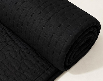 Black Handmade Kantha Quilt, Handstitched Cotton Bedspread, Boho Bedding Blanket, Indian Queen Size Blanket.