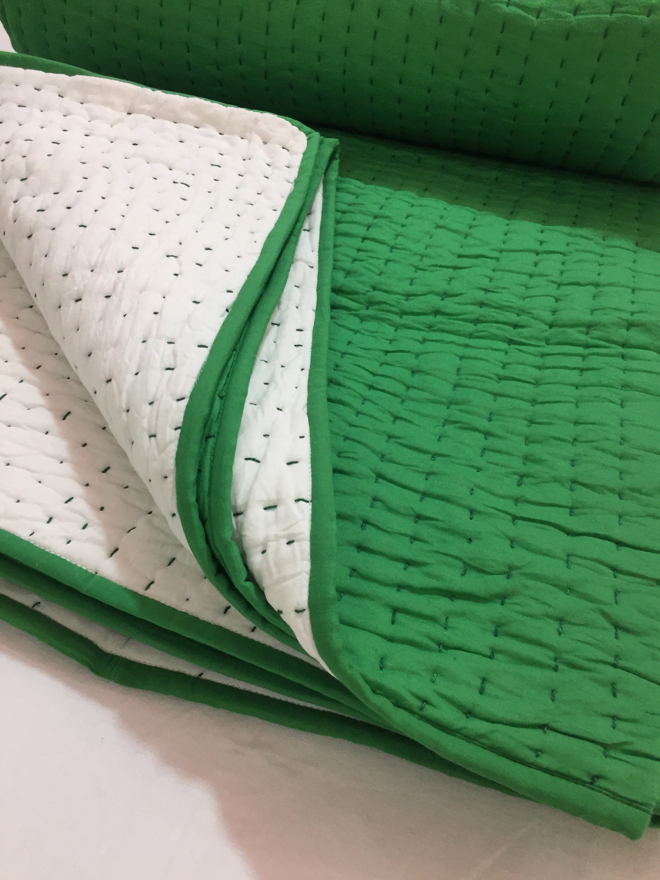 Solid Quilt Kantha Quilt Reversible Kantha Throw Green White Etsy