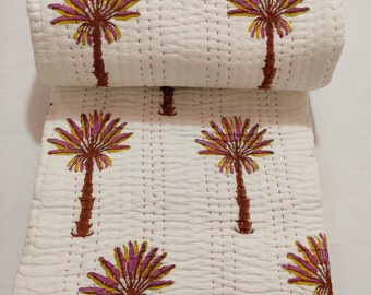 Palm Tree Quilt, Kantha Quilt, Cotton Quilt, Indian Quilt, Kantha Throw, Light Weight Quilt, Handmade Quilt, Multi-Seasonal Quilt, ART#113