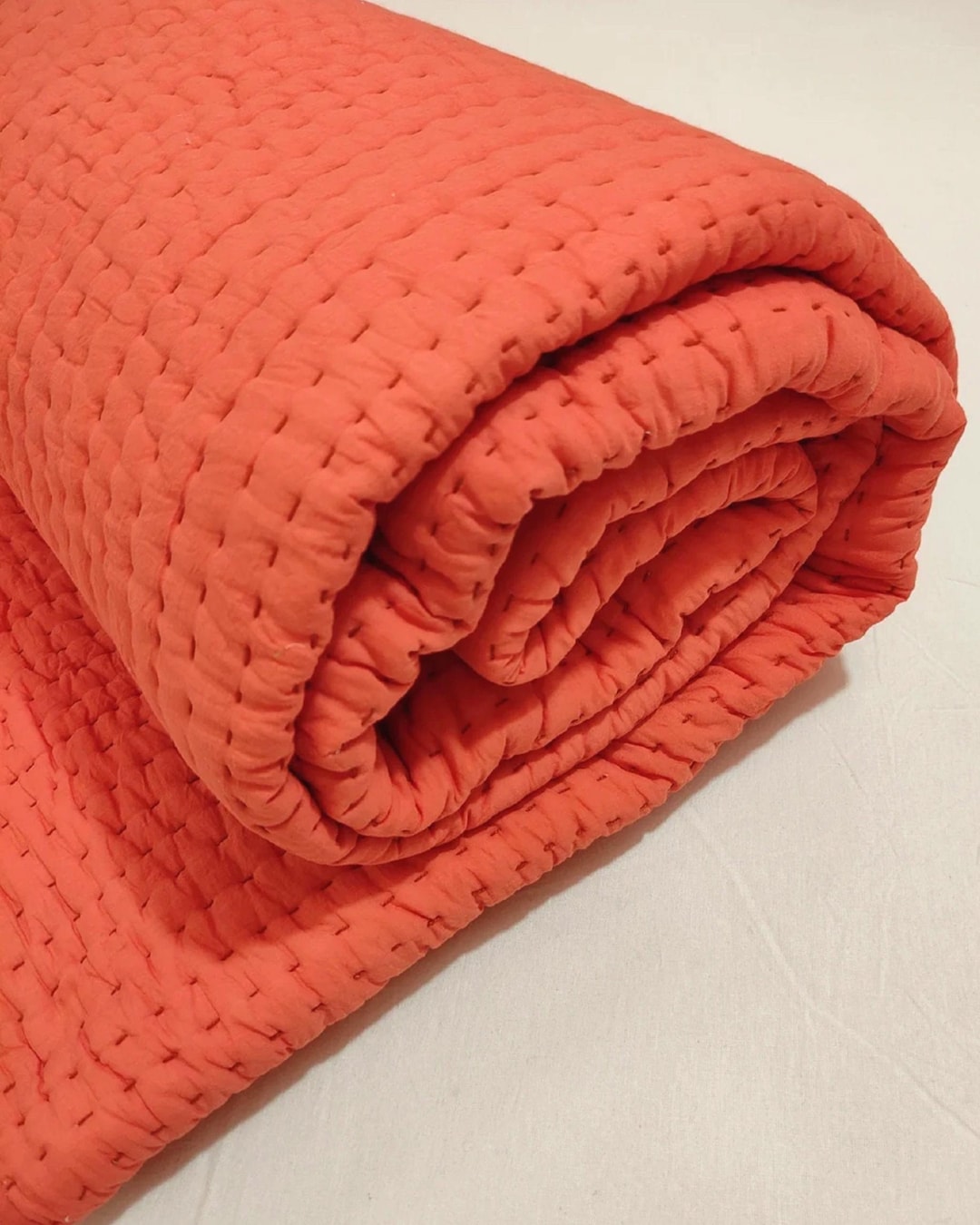 Hand Stitched Rust Orange Kantha Quilt, Solid Cotton Throw, Handmade ...
