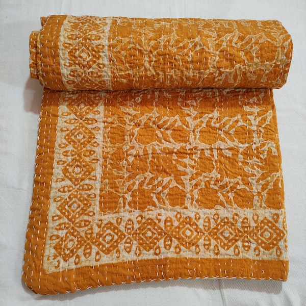 Mustard Queen Bedspread Indian Kantha Bedcover, Quilt Throw Dabu Hand Block Print Natural Dye 100% Cotton Kantha Quilt Hand Stitched ART#193