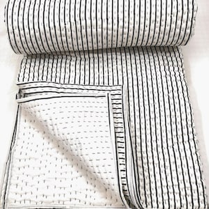 Handmade Black White Striped Kantha Quilt, Reversible Cotton Bedspread, Boho Throw Blanket, Bed Cover.