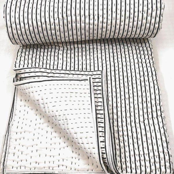 Handmade Black White Striped Kantha Quilt, Reversible Cotton Bedspread, Boho Throw Blanket, Bed Cover.