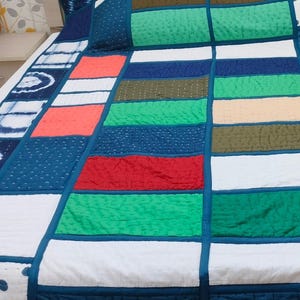 Handmade Patchwork Kantha Quilt, Bohemian Cotton Bedspread, Handstitched Cotton Blanket, Breathable Bedding Throw.