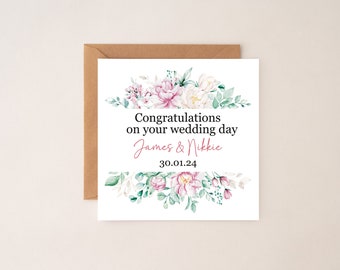 Personalised wedding day card, bride and groom , just married card, flower wreath card