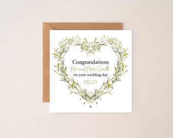 Personalised wedding day card, bride and groom , just married card, flower wreath card