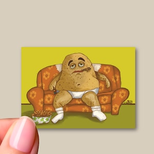 May include: A cartoon illustration of a tan, anthropomorphic potato character with a tired expression, wearing white underwear and socks, sitting on an orange floral patterned sofa with a bowl of chips placed on the floor nearby.