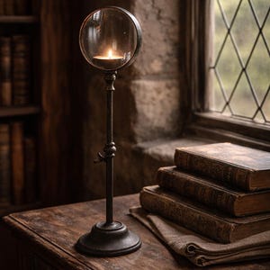 May include: A candle holder with a clear glass globe, containing a lit candle. The black metal stand has an adjustable height feature. The candle holder is on a wooden table next to a stack of old books. The room has a warm, inviting atmosphere.