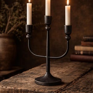 May include: A black metal candelabra with three white candles, each lit with a warm, flickering flame. The candelabra sits on a rustic wooden table, creating a cozy, vintage aesthetic. The design is simple yet elegant, perfect for home decor.