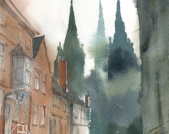Lichfield Cathedral Close, Original Watercolour Painting