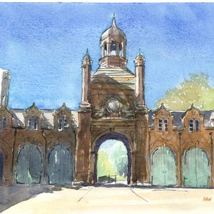 May include: Watercolour painting of a brown stone building with a central arched entrance and a clock tower. The building has multiple arched doorways with blue doors. The sky is a bright blue.
