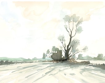 湖畔、湖の絵画、水景、水彩画、田園風景、田舎、水彩風景、オリジナル