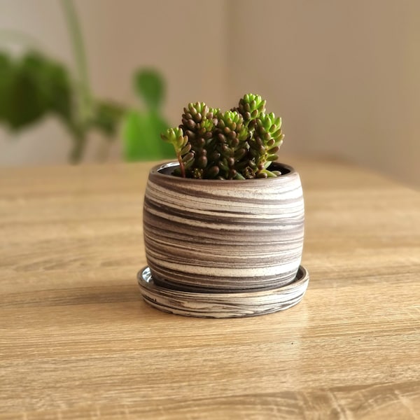 Marbled Ceramic Planter With Saucer, Unique Pottery