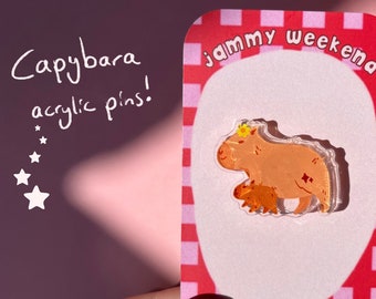 Capybara Family Acrylic Pin Badge | Unique Cute Animal Quirky Colourful Y2K Pastel Kawaii Retro Flower Cottagecore Fairy Bear