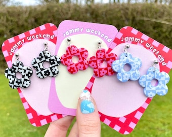 Flower Power Polymer Clay Checkerboard Silkscreen Earrings | Quirky Colourful Fun Dangle 70's 60's Easter Gift Mother's Day Floral Daisy