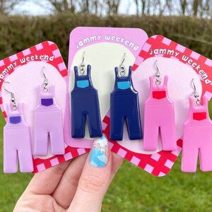 Dungaree Polymer Clay Earrings | Quirky Colourful Fun Dangle Kawaii Pastel Easter Gift Mother's Day Colourblock Bright Overalls Dungarees