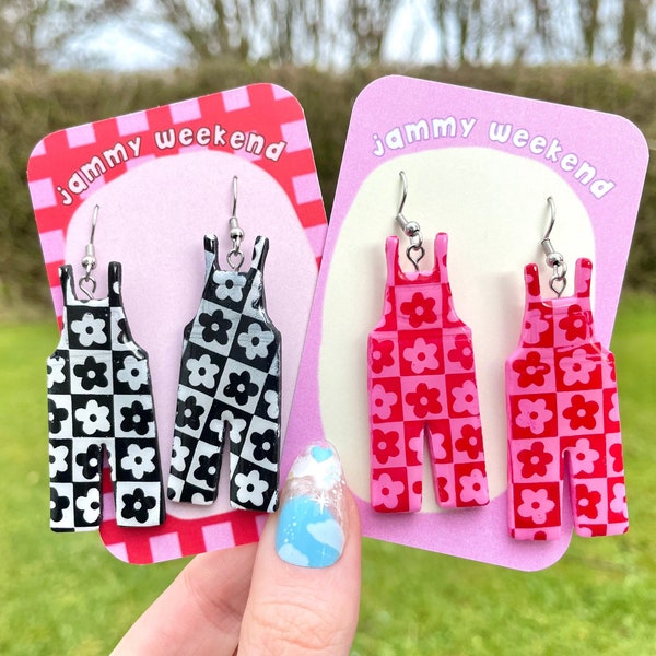 Flower Power Dungaree Checkerboard Silkscreen Polymer Clay Earrings | Quirky Colourful Fun Dangle Kawaii Pastel Easter Gift Mother's Day