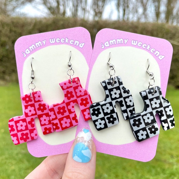 Platform Chunky Boots Flower Power Checkerboard Silkscreen Polymer Clay Earrings | Quirky Shoe Colourful Fun Dangle Easter Gift Mother's Day