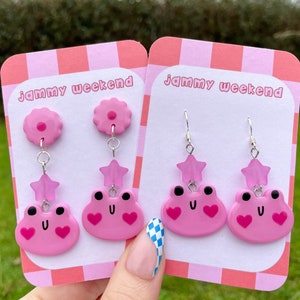 Pink Frog Polymer Clay Heart Blush Earrings | Quirky Colourful Fun Dangle Pastel Heart Love Bear Kawaii Xmas Gift Christmas Y2K Acrylic Cool