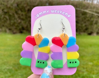 Rainbow Caterpillar Polymer Clay Earrings | Quirky Colourful Fun Dangle Bubble Arch Kawaii Pastel Easter Gift LGBTQ Pride