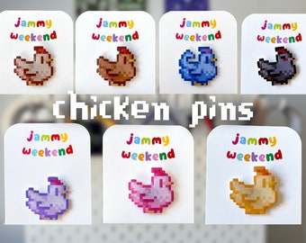 Colourful Pixel Chicken Pin | Cute Gaming Quirky Colourful Y2K Pastel Kawaii Retro Computer Pin Badge Farming