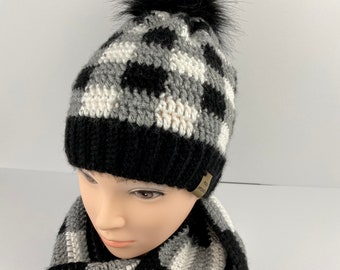 Buffalo plaid hat and scarf set, crochet handmade women's black and white check beanie with pom and matching long scarf