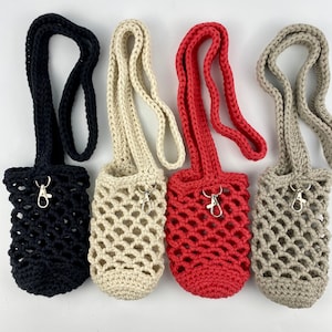 May include: Four macramé water bottle holders in black, cream, red, and grey. Each holder has a long strap and a silver-coloured clasp. The open weave design allows for easy viewing of the bottle inside. These holders are perfect for carrying water bottles.