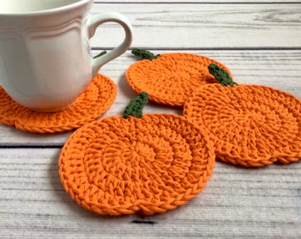 Crochet pumpkin coasters set of four, fall farmhouse decor, autumn coffee bar, Thanksgiving or Halloween kitchen gift, fruit coaster set